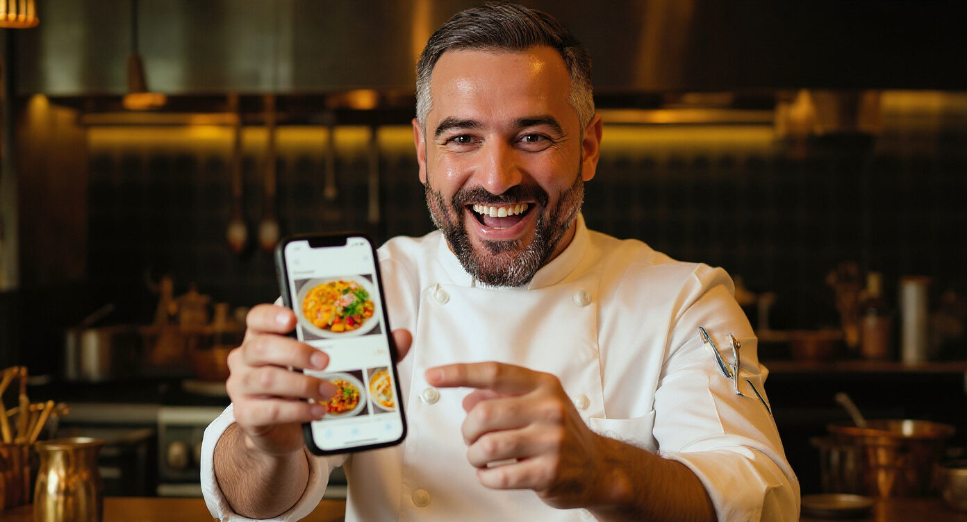 A beaming chef points at his new online shop on his smartphone