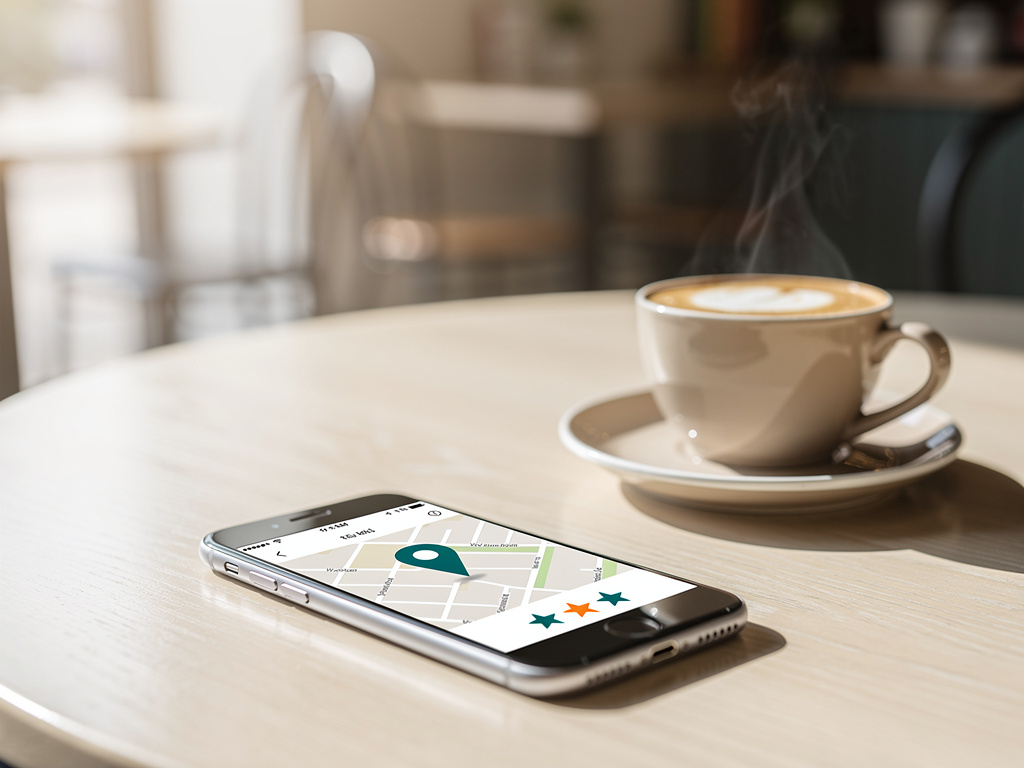 Smartphone showing a map view and star ratings on a café table