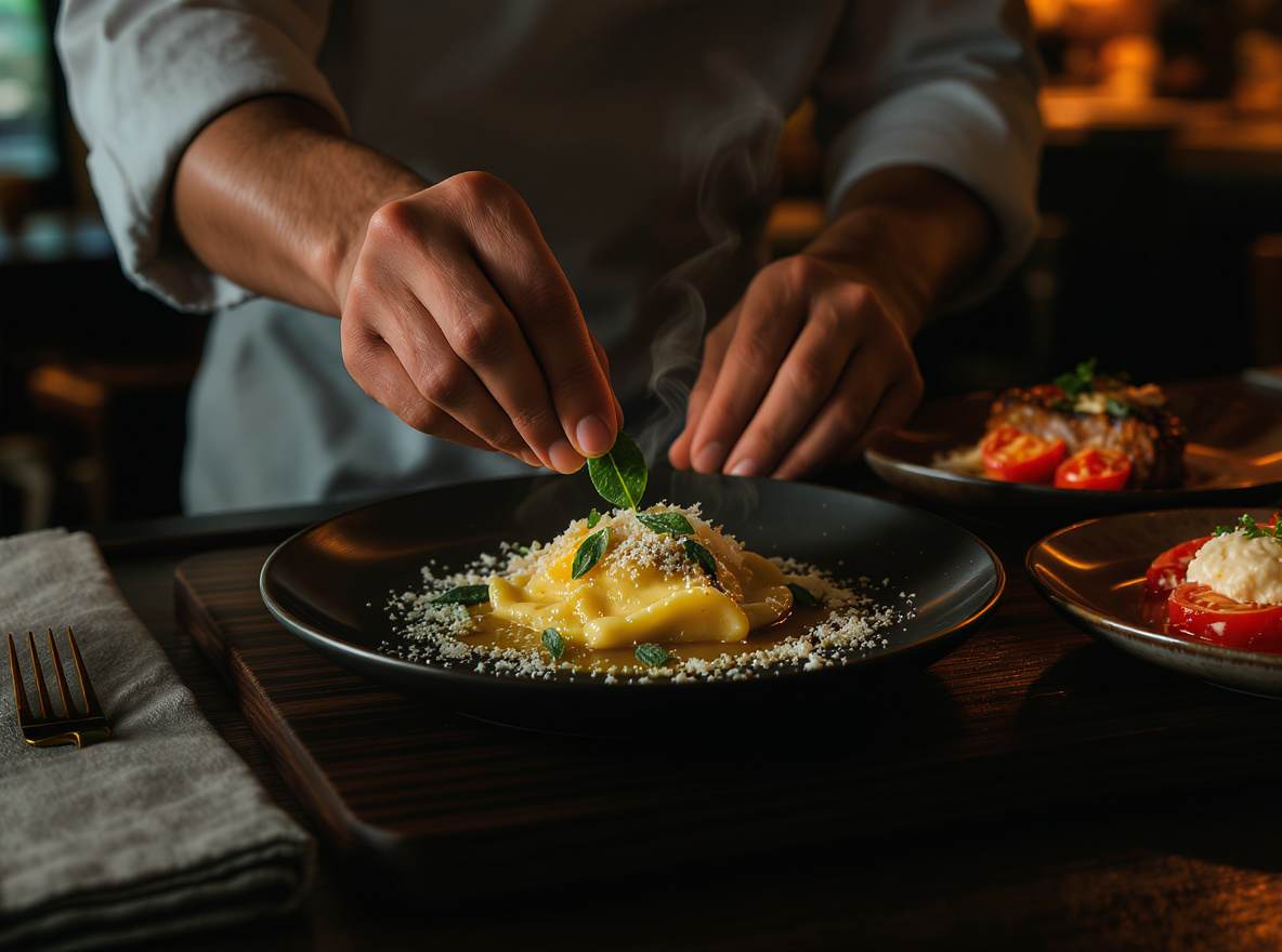 Chef placing a sage leaf on a plate of handmade ravioli, with more plated dishes beside it