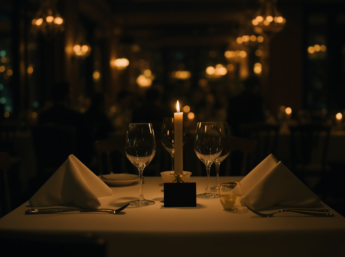 Set, empty table with a lit candle in a full restaurant