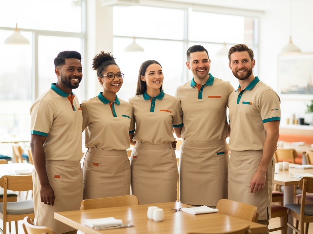 Smiling service team in a bright restaurant