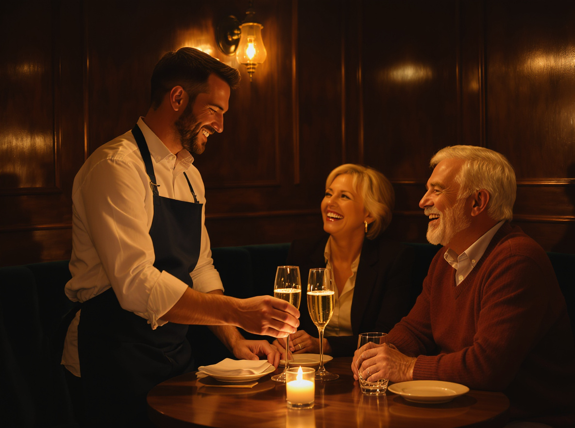 Waiter serving two glasses of sparkling wine to a laughing couple at their regular table