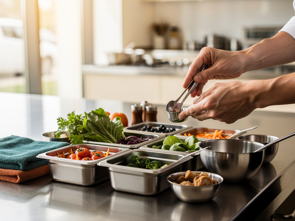 Hands portioning fresh ingredients from stainless steel containers in a restaurant kitchen